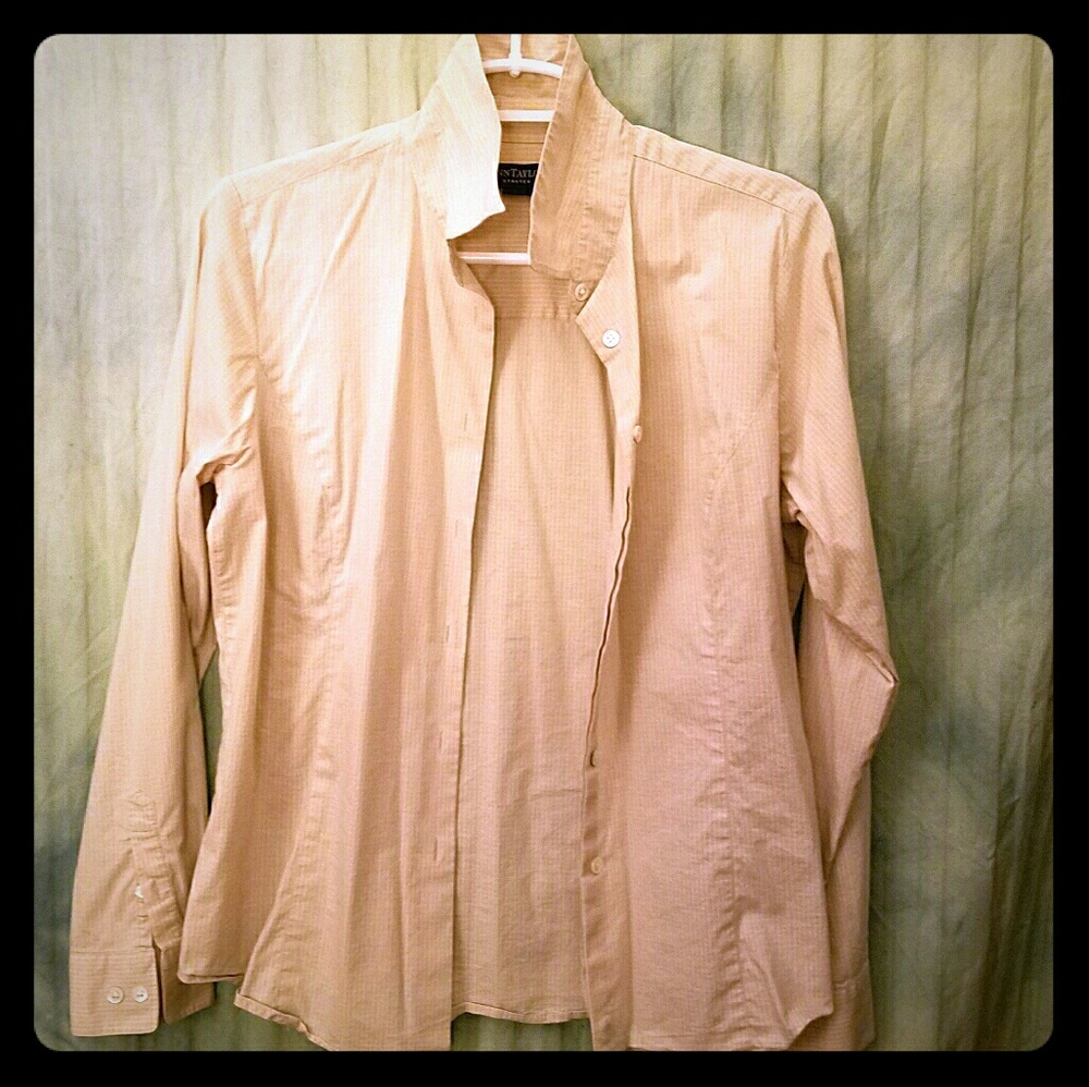 Ann Taylor Stretch tan white stripes blouse size 8